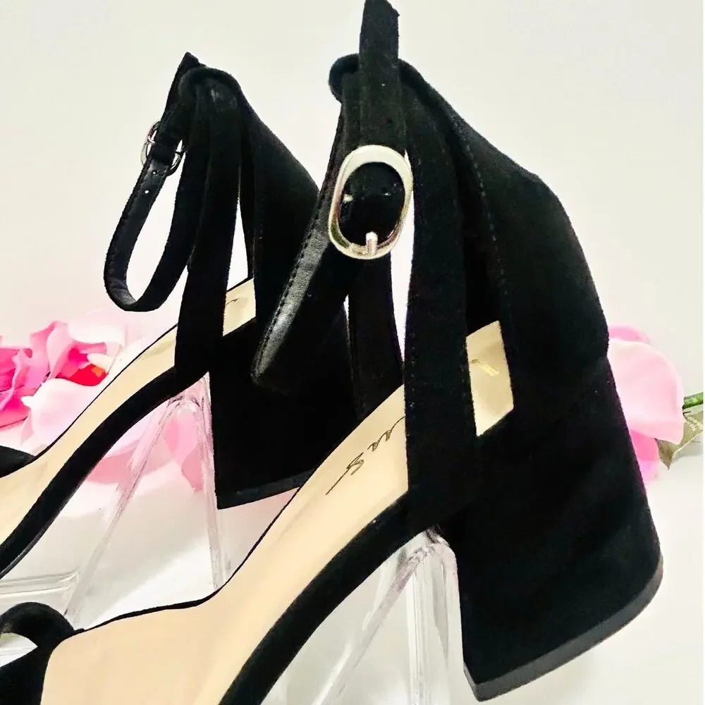 Lulus Danielia Black Faux Suede Block Heel Ankle Strap Sandals NWT 7.5
